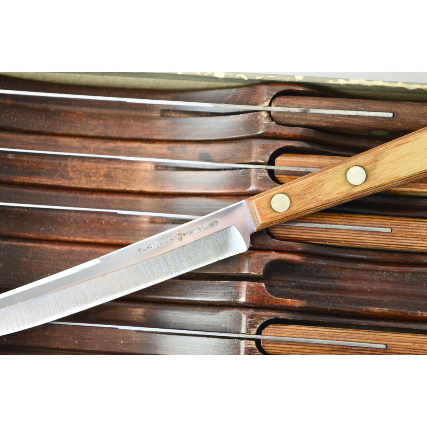 Flint Hollow Ground Set of 6 Steak Knives Vintage Individual Hardwood Holders In Box