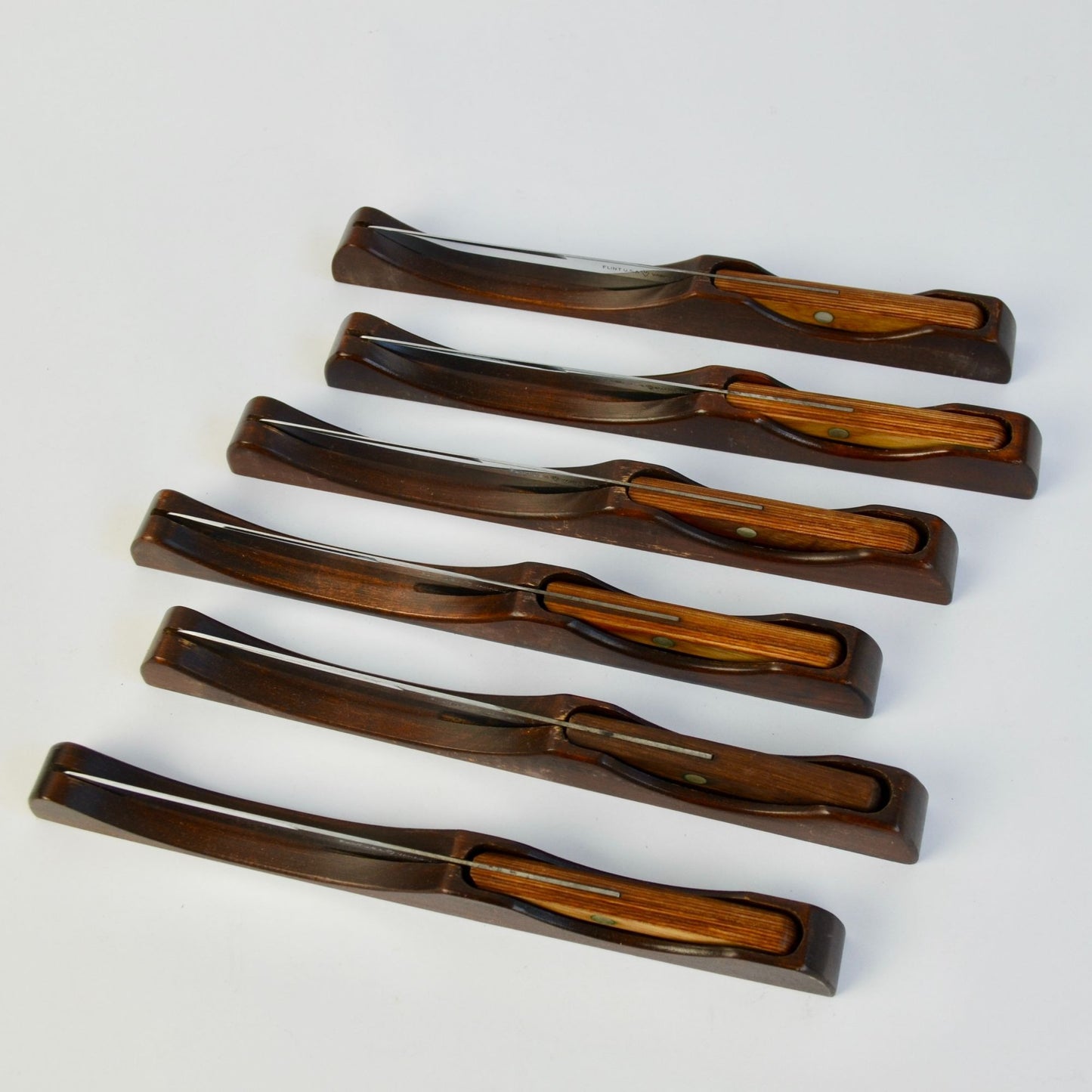 Flint Hollow Ground Set of 6 Steak Knives Vintage Individual Hardwood Holders In Box