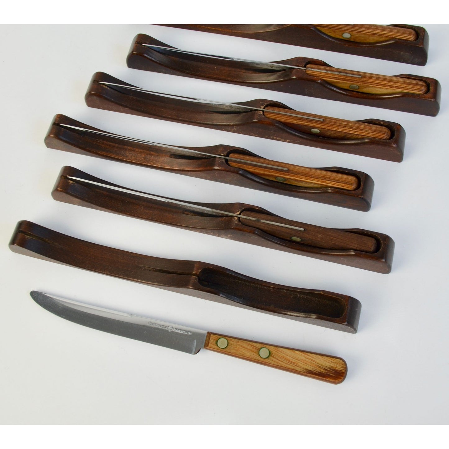 Flint Hollow Ground Set of 6 Steak Knives Vintage Individual Hardwood Holders In Box