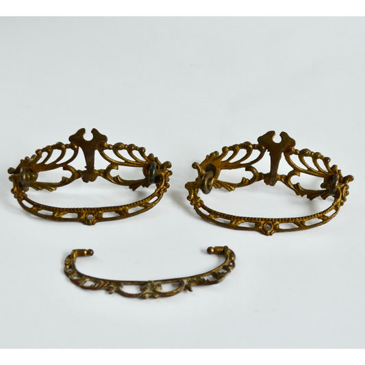 Lot 2 Antique Victorian Brass Drawer Pulls Ornate Vintage Dresser 4"