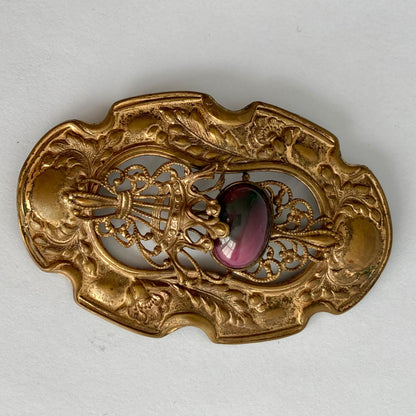 Vintage Brass Art Nouveau Victorian Sash Brooch Stone