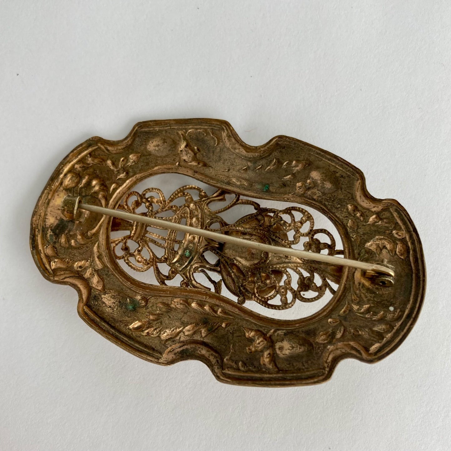 Vintage Brass Art Nouveau Victorian Sash Brooch Stone