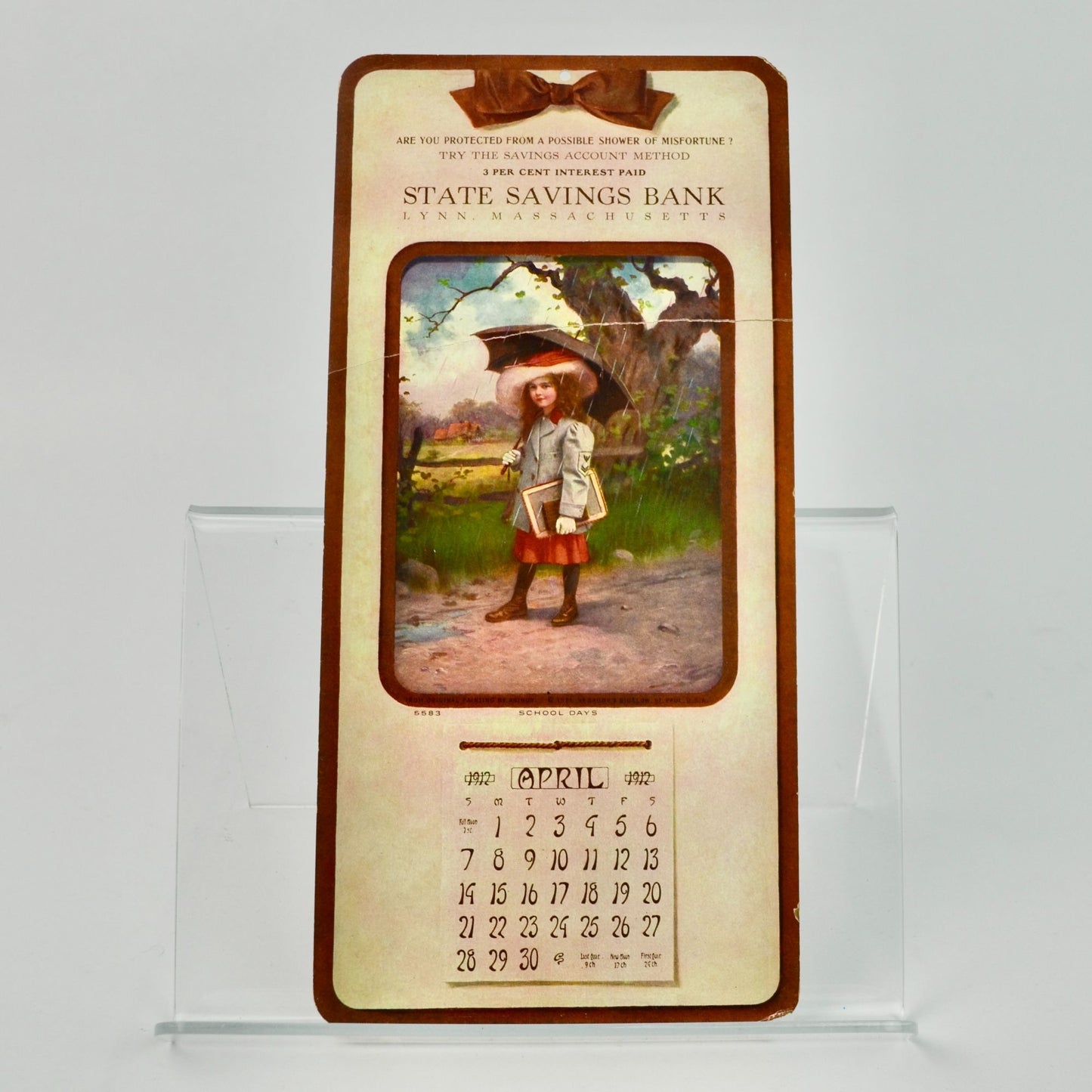 1912 Advertising Calendar April State Savings Bank Lynn Massachusetts