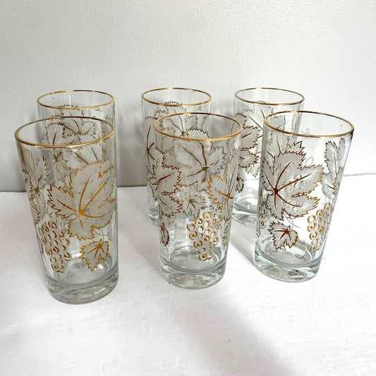 Vintage Mid-Century Gold Grape Leaf Tumblers Glasses