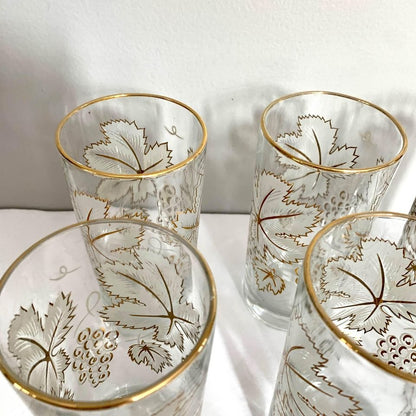 Vintage Mid-Century Gold Grape Leaf Tumblers Glasses