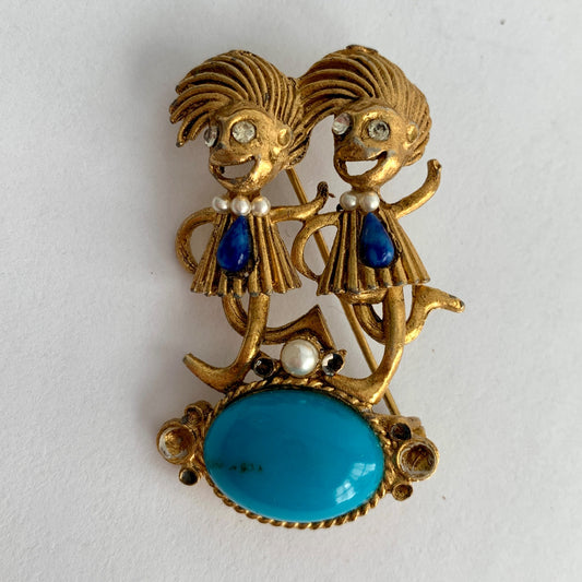 Dr Seuss Thing 1 Thing 2 Gold Crazy Hair Gemstone Brooch Vintage