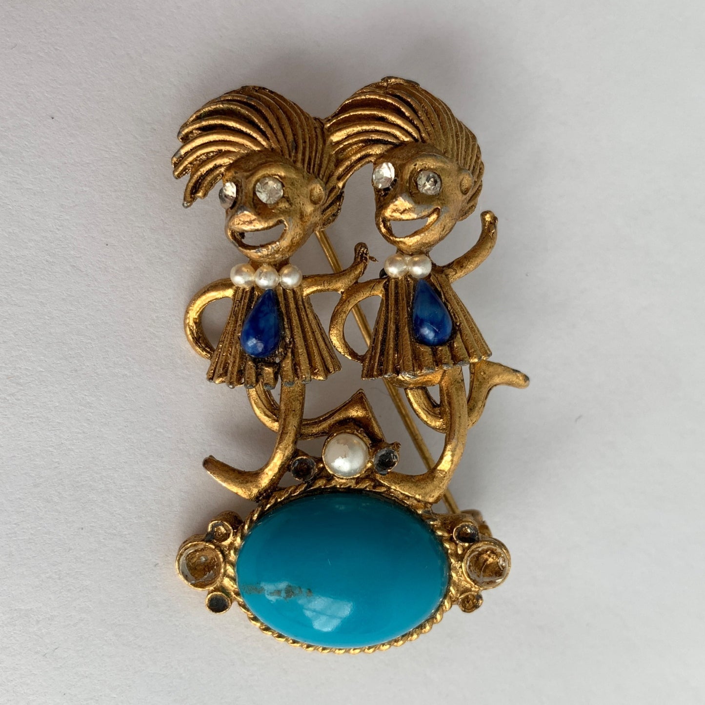 Dr Seuss Thing 1 Thing 2 Gold Crazy Hair Gemstone Brooch Vintage