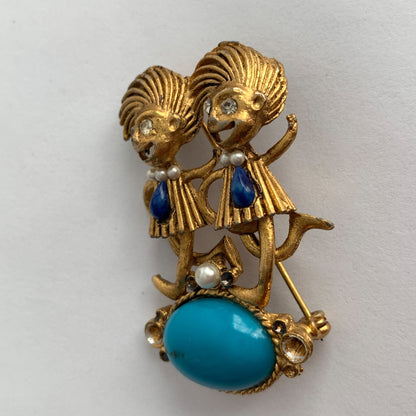 Dr Seuss Thing 1 Thing 2 Gold Crazy Hair Gemstone Brooch Vintage