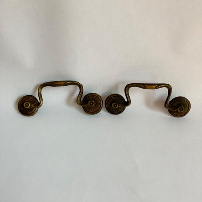 Lot 2 Antique Solid Brass Bail Drawer Pulls Scroll Rosette 3.5" Centers Vintage