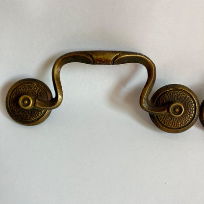 Lot 2 Antique Solid Brass Bail Drawer Pulls Scroll Rosette 3.5" Centers Vintage