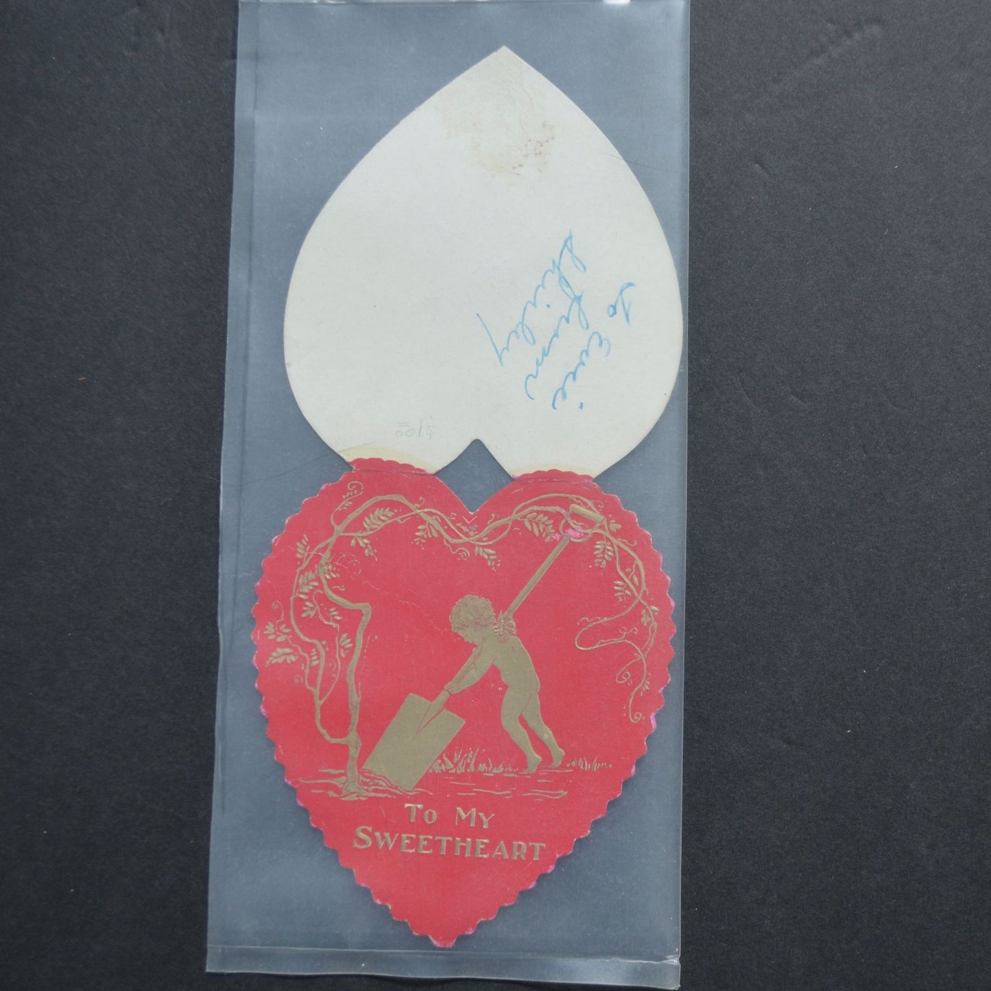 Vintage Red Heart Laser Cut Valentine Card Cupid Shoveling