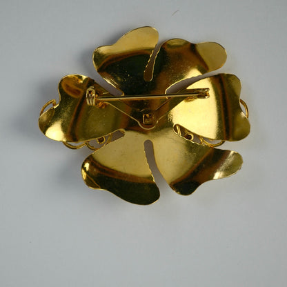 Vintage Textured Polished Gold Tone Red/Pink Rhinestone CZ Brooch