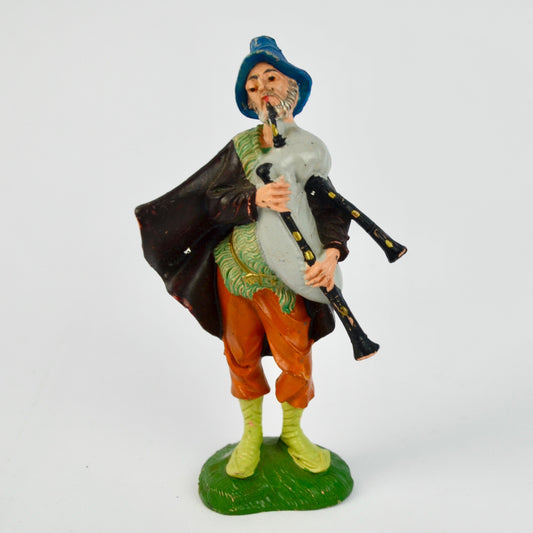 Hand-Painted Depose Italy Bagpiper Figurine With Blue Hat & Green Base Nativity