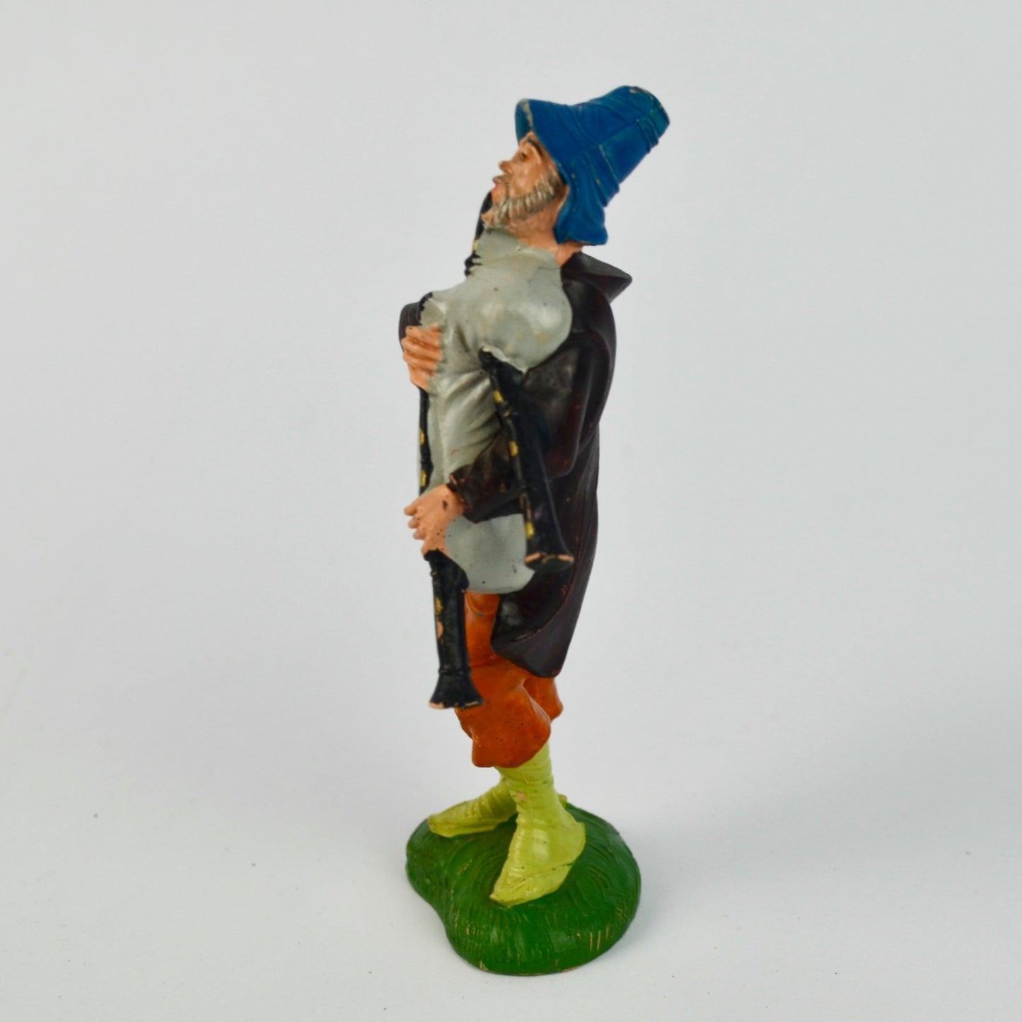 Hand-Painted Depose Italy Bagpiper Figurine With Blue Hat & Green Base Nativity