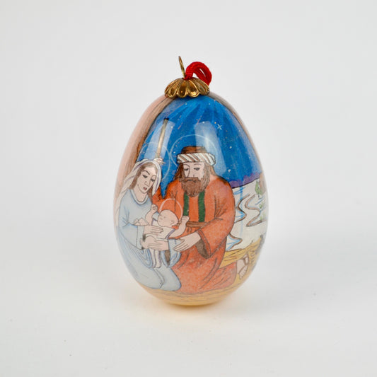 Reverse Painted Glass Christmas Ornament Egg Nativity Scene Mary Joseph Jesus