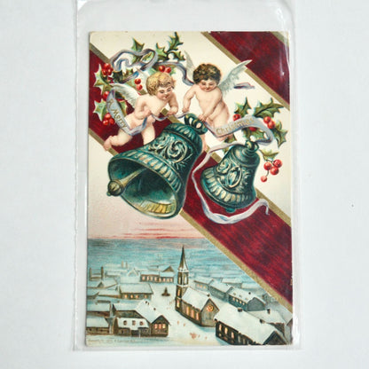 Antique Early 1900s Merry Christmas Postcard Cherubs Bells Church Village