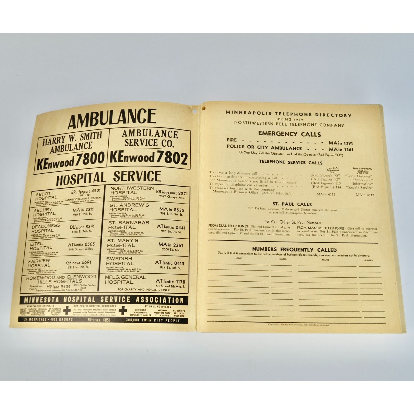 Vintage Spring 1939 Minneapolis MN Telephone Directory Book
