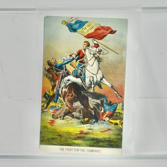 Tin Tag Soap Antique Trading Trade Card Soldiers Horse Flag