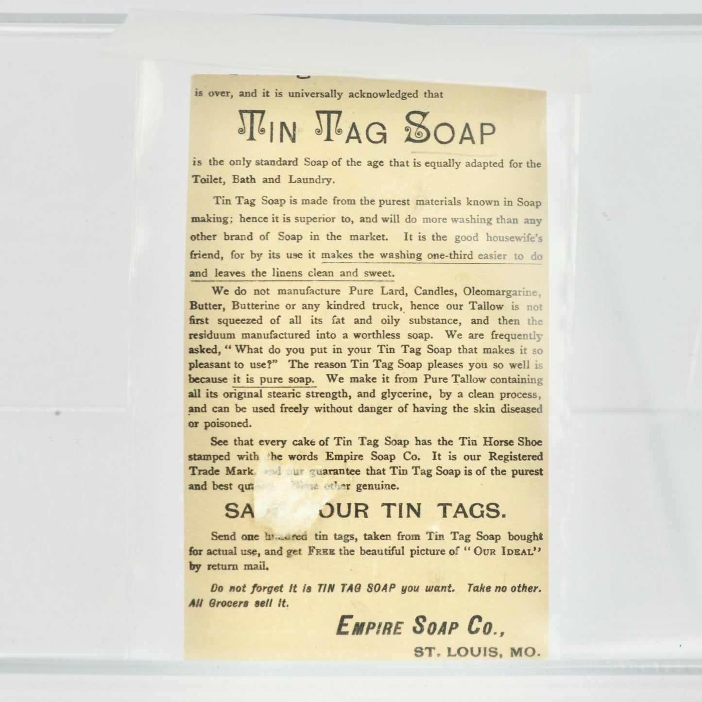 Tin Tag Soap Antique Trading Trade Card Soldiers Horse Flag