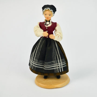 Vintage Scandinavian Handmade Female Figurine 1995 With Wooden Base & Traditional Dress Design
