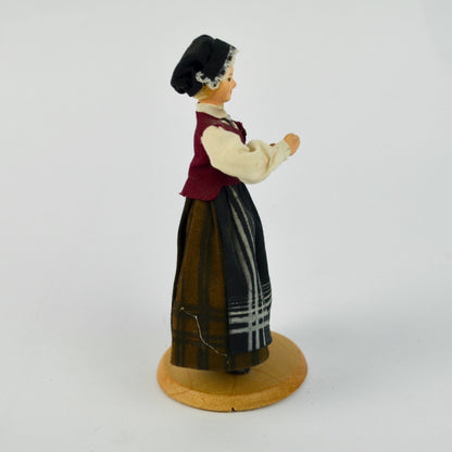 Vintage Scandinavian Handmade Female Figurine 1995 With Wooden Base & Traditional Dress Design