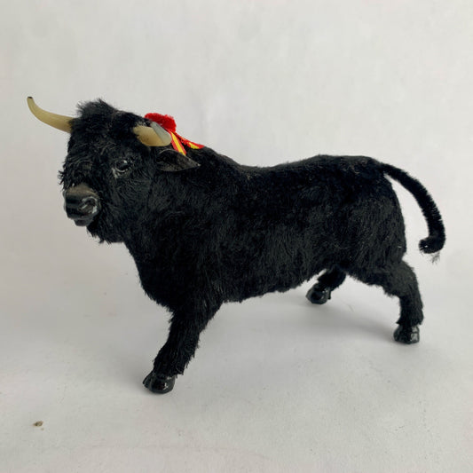 Vintage Spanish Bull Figure Toy Fur Ribbon Black