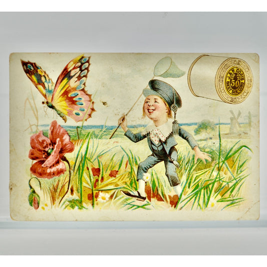 J P Coats Victorian Trading Card Antique Boy Butterfly Net
