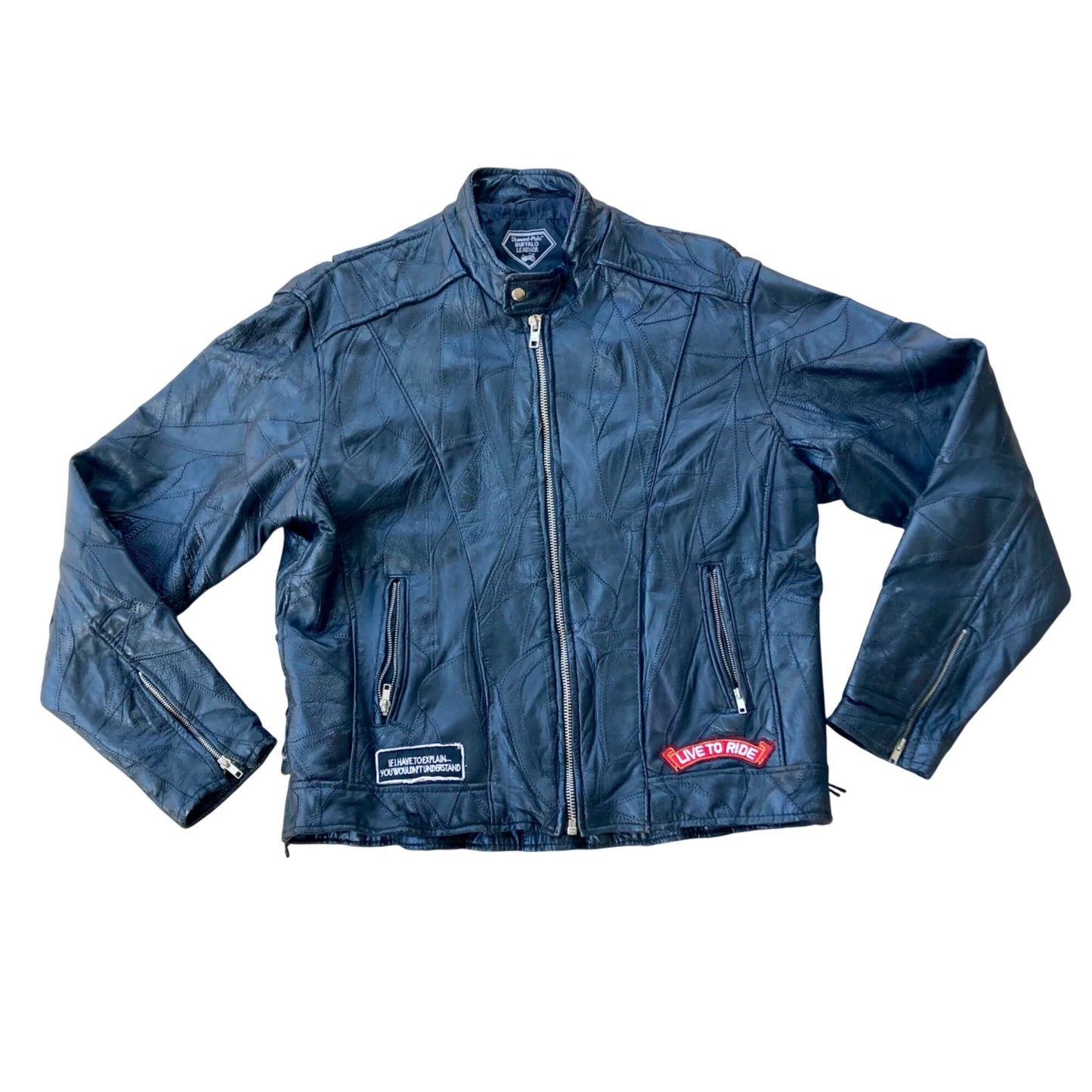 Diamond Plate Buffalo Leather Motorcycle Jacket Men's Size Large Black