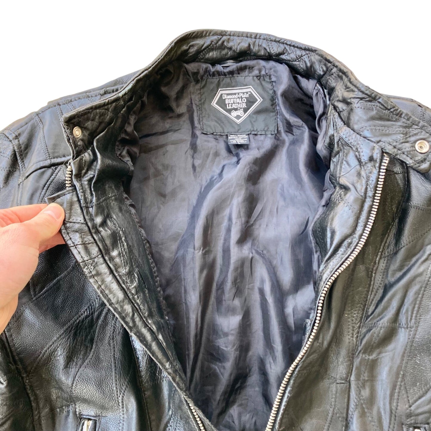 Diamond Plate Buffalo Leather Motorcycle Jacket Men's Size Large Black
