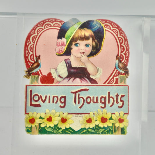 Vintage Valentine's Day Card Loving Thoughts Girl in Bonnet