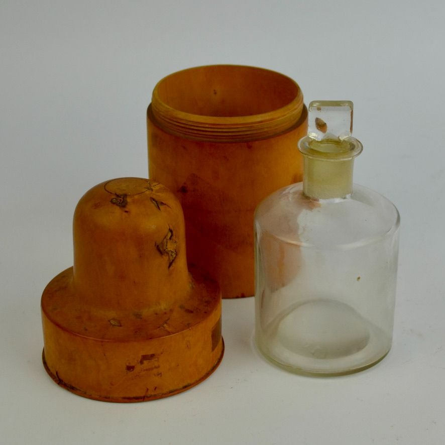 Antique Apothecary 6 oz. Glass Jar with Turned Wood Thimble Box Set