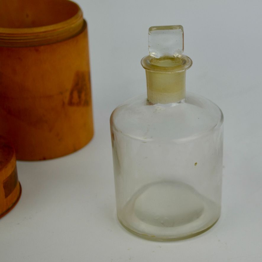 Antique Apothecary 6 oz. Glass Jar with Turned Wood Thimble Box Set