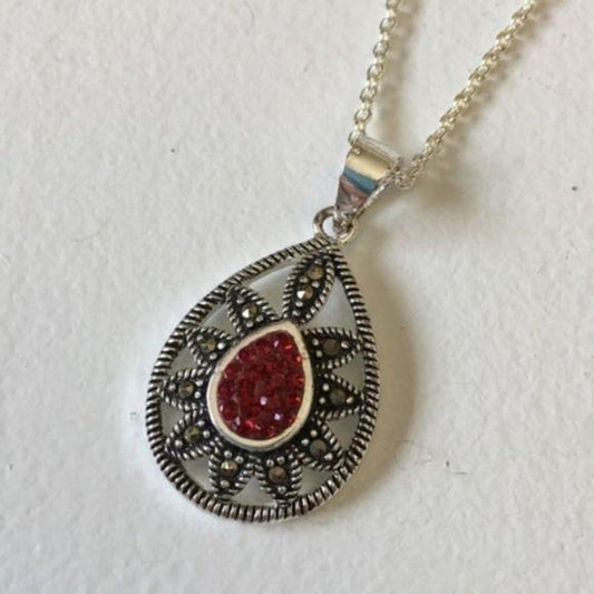 NEW Genuine Marcasite Red CZ Teardrop Necklace