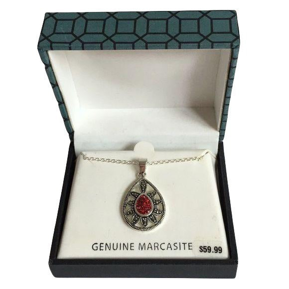NEW Genuine Marcasite Red CZ Teardrop Necklace