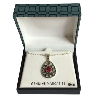 NEW Genuine Marcasite Red CZ Teardrop Necklace
