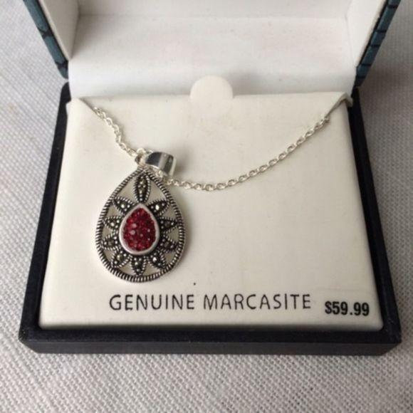 NEW Genuine Marcasite Red CZ Teardrop Necklace