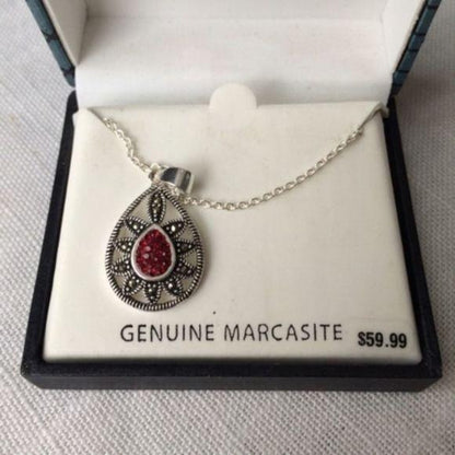 NEW Genuine Marcasite Red CZ Teardrop Necklace