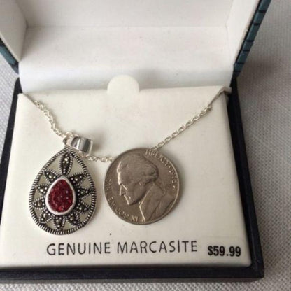 NEW Genuine Marcasite Red CZ Teardrop Necklace