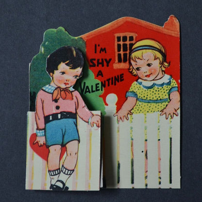 I'm Shy A Valentine Vintage 1930s Boy Girl Fence White Picket