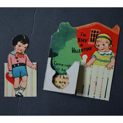 I'm Shy A Valentine Vintage 1930s Boy Girl Fence White Picket