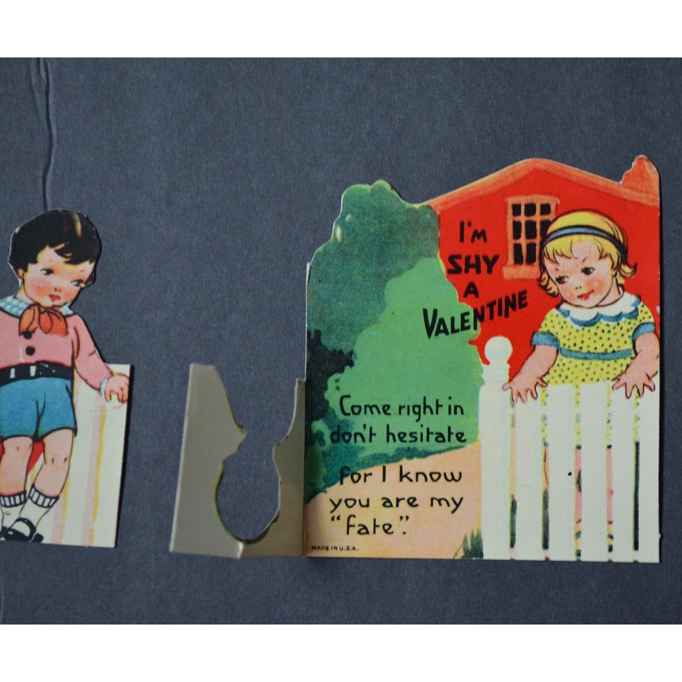 I'm Shy A Valentine Vintage 1930s Boy Girl Fence White Picket