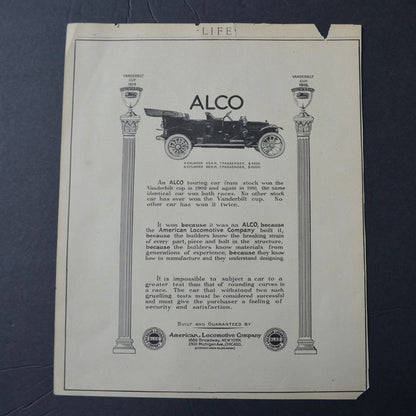 Antique 1911 Life Magazine Advertisement Alco Automobile & Hotel LaSalle Chicago