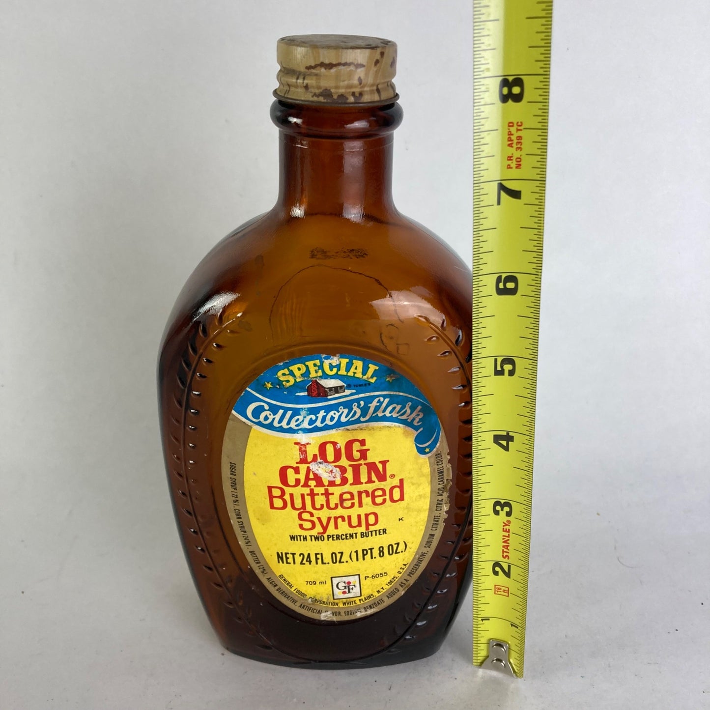 Vintage Log Cabin Buttered Syrup Ben Franklin Collector's Flask Glass Bottle