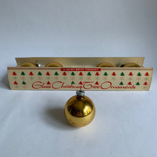 Shiny-Brite Glass Christmas Ornaments Box Vintage Gold 5 Bulbs