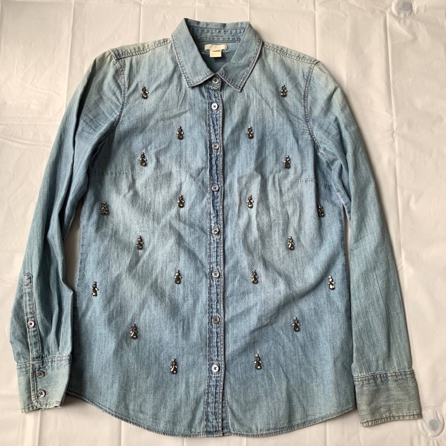 J Crew Chambray Jeweled Denim Shirt Size 2