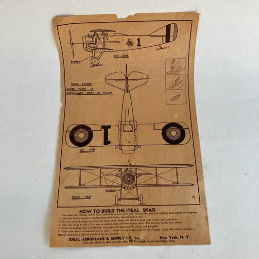 Vintage Ideal Aeroplane & Supply Co. Airplane Spad INSTRUCTIONS PLANS Model