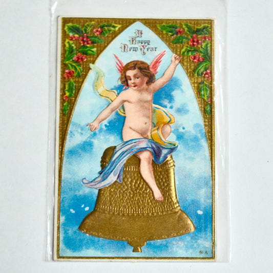 1914 Antique A Happy New Year Postcard Cherub Angel
