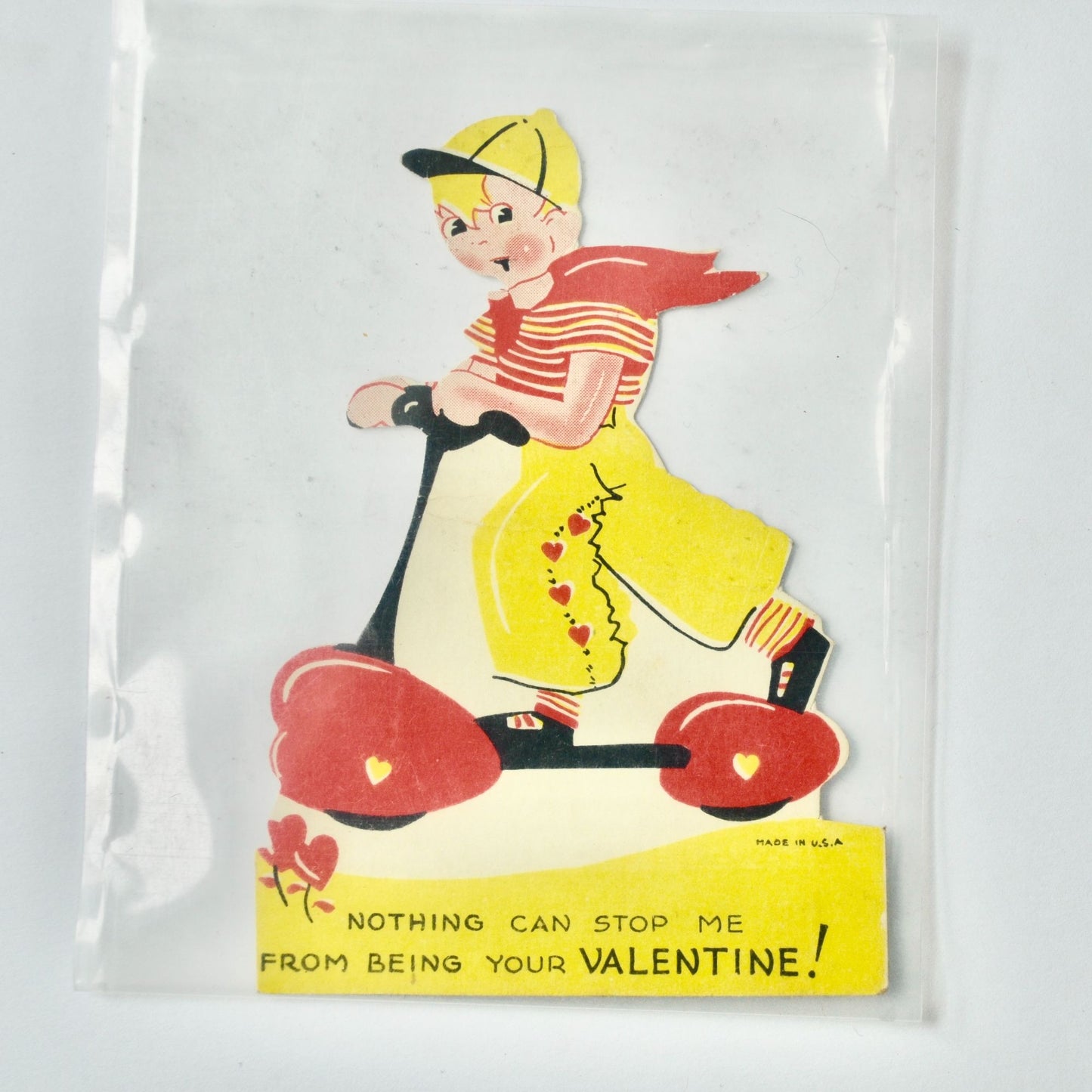 Vintage Valentine Card Boy On Scooter Yellow Red Nothing Can Stop Me