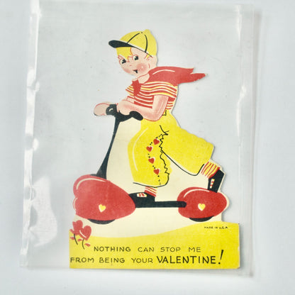 Vintage Valentine Card Boy On Scooter Yellow Red Nothing Can Stop Me