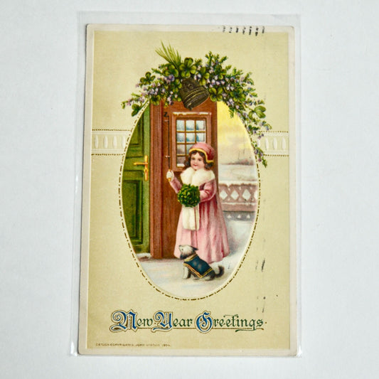 1914 Antique New Year Greetings Postcard Child Door Dog
